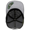 A grey cap with a black underside and intricate interior pattern, featuring a logo on the side.
