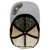 A beige and grey six-panel cap with a patterned interior and a logo on the inside.