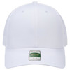 A white 6-panel cap with perforated design and a logo on the front.