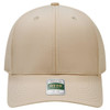 A beige perforated cap with a structured six-panel design and a branded tag at the front.