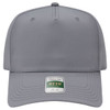 A grey 5 panel cap featuring a decorative logo and stitched detailing on the visor.