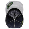 A grey and navy 5-panel cap with a logo and patterned lining, viewed from above.