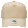 A beige five-panel cap with a branded label on the front and ventilation holes.