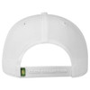 A white low-profile cap with a rear strap and a logo, featuring ventilation holes.