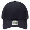 A black six-panel cap with a structured profile, featuring a logo on the front.