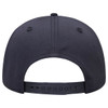 A navy blue cap with a flat brim, featuring a snapback closure and ventilation eyelets at the back.