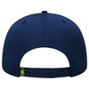 A navy blue cap featuring a snapback closure and a logo on the back.