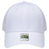 A white six-panel cap featuring a branded label on the front.