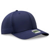 A navy perforated cap with a structured six-panel design and a logo on the front.