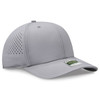 A grey perforated cap with a structured six-panel design and an adjustable strap, featuring a logo.
