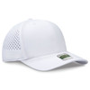A white perforated cap featuring a branded logo, designed in a six-panel pro style.