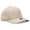 A beige perforated cap with a structured six-panel design and a logo on the side. Ideal for casual wear.