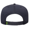 A black five-panel cap featuring a snapback closure and a small logo on the adjustable strap.
