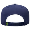 A navy blue 5-panel cap featuring a snapback closure and a logo on the side.