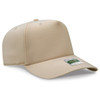 A beige 5-panel cap featuring a logo on the front and a curved peak. Ideal for casual headwear.