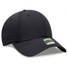 A black low profile cap with a six-panel design and a subtle branding tag.