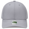A grey six-panel cap with perforated ventilation and a branded label on the front.