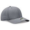 A grey perforated cap featuring a structured design and an adjustable back, along with a logo on the front.