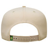 A beige five-panel cap featuring an adjustable strap and a logo on the back.