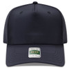 A navy 5 panel cap with a structured design and a logo label on the front.