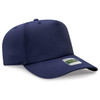 A navy blue 5-panel cap featuring a structured design and a logo on the front.