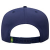 A navy blue 5 panel cap featuring a branded logo on the back and an adjustable strap for a comfortable fit.