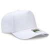 A white 5-panel cap featuring a curved brim and a branding label on the front.