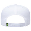 A white five-panel cap featuring an adjustable strap at the back and a small logo.