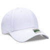 A white low profile cap featuring a curved brim and a branding tag on the side.