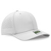 A white perforated cap with a curved brim and an adjustable back, featuring a logo on the side.
