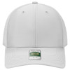 A white six-panel cap featuring perforated sides and a logo on the front.