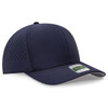 A navy 6-panel cap with perforated sides and a brand logo on the front.