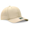 A beige perforated cap with a curved brim and a branding label on the side.