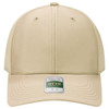 A beige perforated cap with a structured six-panel design and a logo on the front.