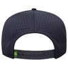 A navy blue perforated cap with a snapback closure and a small logo on the side.