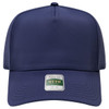 A navy blue 5-panel cap with perforated sides and a logo on the front.