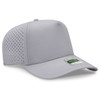 A grey perforated cap with a structured design and a logo on the front.