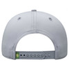 A grey 5 panel cap featuring a logo on the adjustable strap at the back.