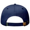 A navy blue low profile dad cap featuring a logo and an adjustable strap at the back.