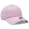 A pink six-panel low profile dad cap featuring a curved brim and a logo on the front.
