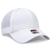 A white 6-panel low profile baseball cap with perforated sides and a logo on the front.