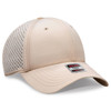 A beige 6-panel low profile baseball cap with perforated sides and a logo on the front.