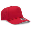 A red 5 Panel Mid Profile Perforated Rope Cap with a logo and perforated side panels.