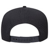 A black 5-panel mid-profile cap with perforated detailing, featuring an adjustable back strap and a logo.