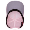 A pink and black 5 panel mid-profile cap with a perforated design and an interior showing its structure.