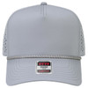 A grey 5 Panel Mid Profile perforated rope cap with a braided band and a logo on the front.