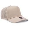 A beige 5 panel mid-profile cap featuring perforated sides and a braided rope accent. The cap has a logo on it.