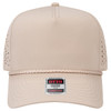 A light beige 5 panel cap with perforated sides and a rope detail on the brim, featuring a logo label.