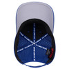 A blue and grey 6-panel mid-profile perforated baseball cap with an inner comfort fit lining and a logo.