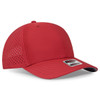 A red perforated baseball cap with a mid-profile design and a logo on the front.